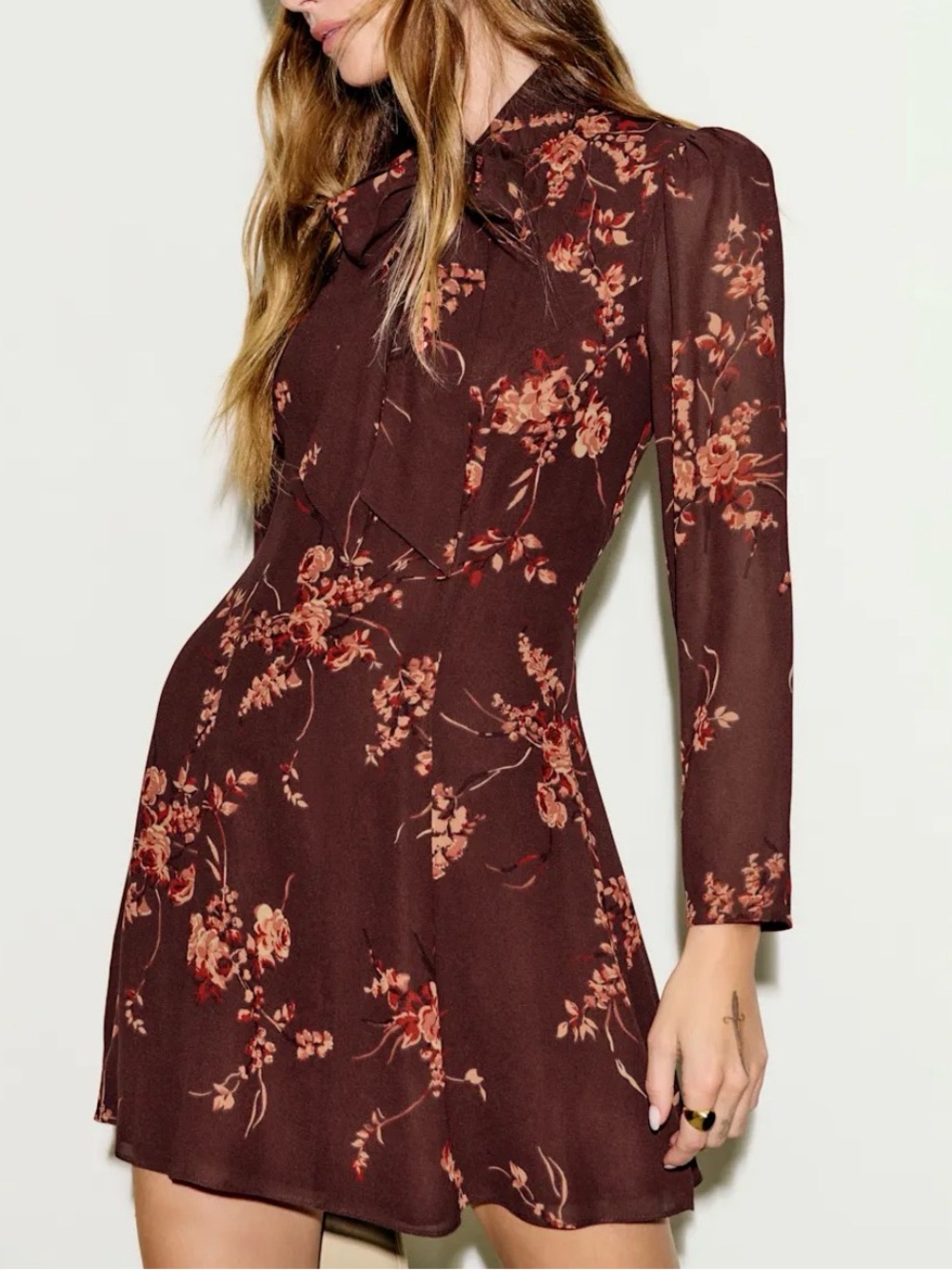Reformation Sunna Floral Bow-Tie Long Sleeve Mini Dress Size 4